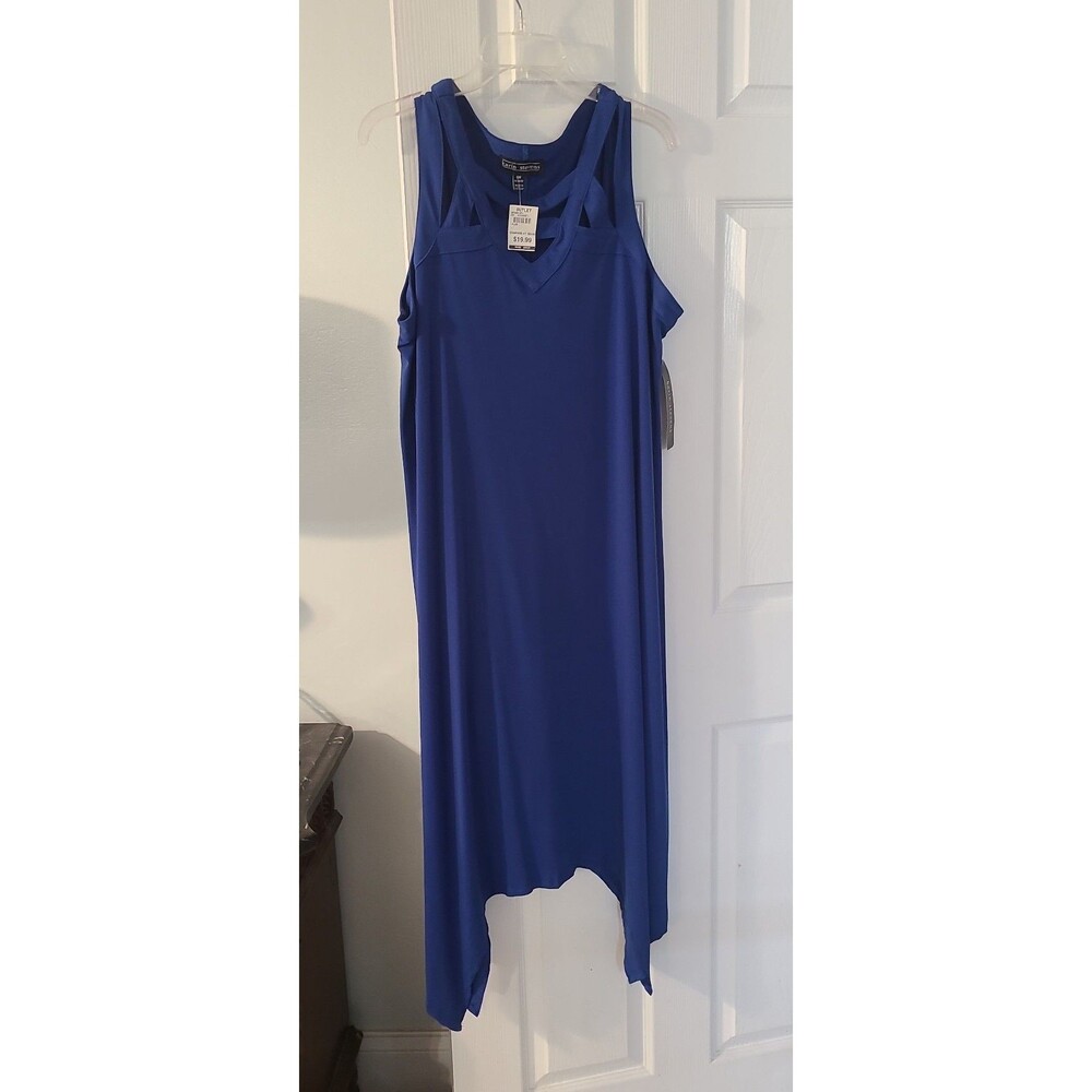 Karin Stevens blue sleeveless dress features a unique caged cutout neckline 18W